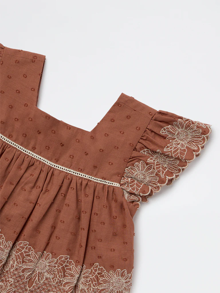 HOP Kids Girls Brown Floral Embroidered Cotton Top - Image 3