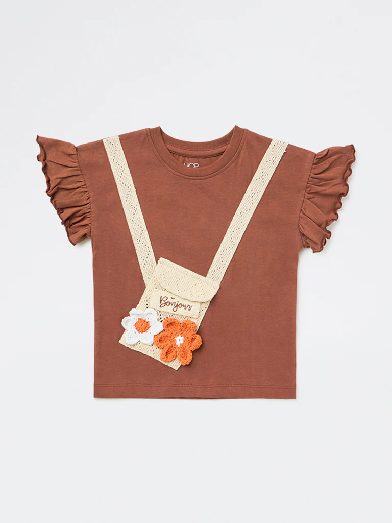 HOP Kids Girls Brown Floral Embroidered Cotton Top - Image 3