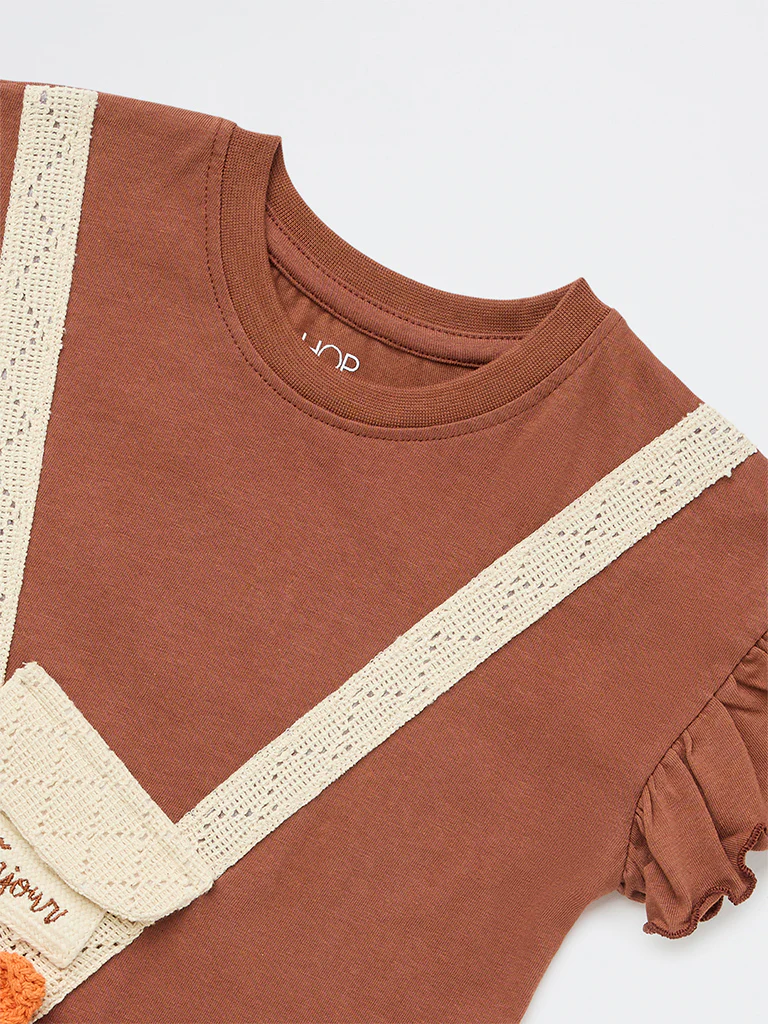 HOP Kids Girls Brown Floral Embroidered Cotton Top - Image 5