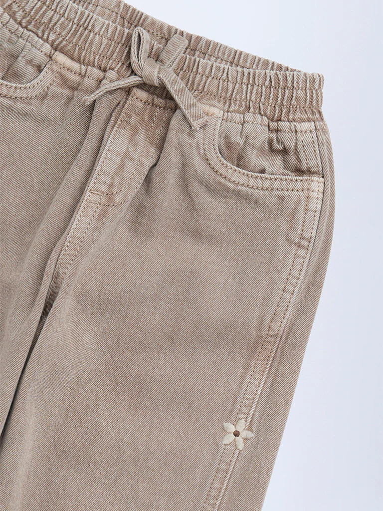 HOP Kids Girls Brown Floral Embroidered High-Rise Jeans - Image 5