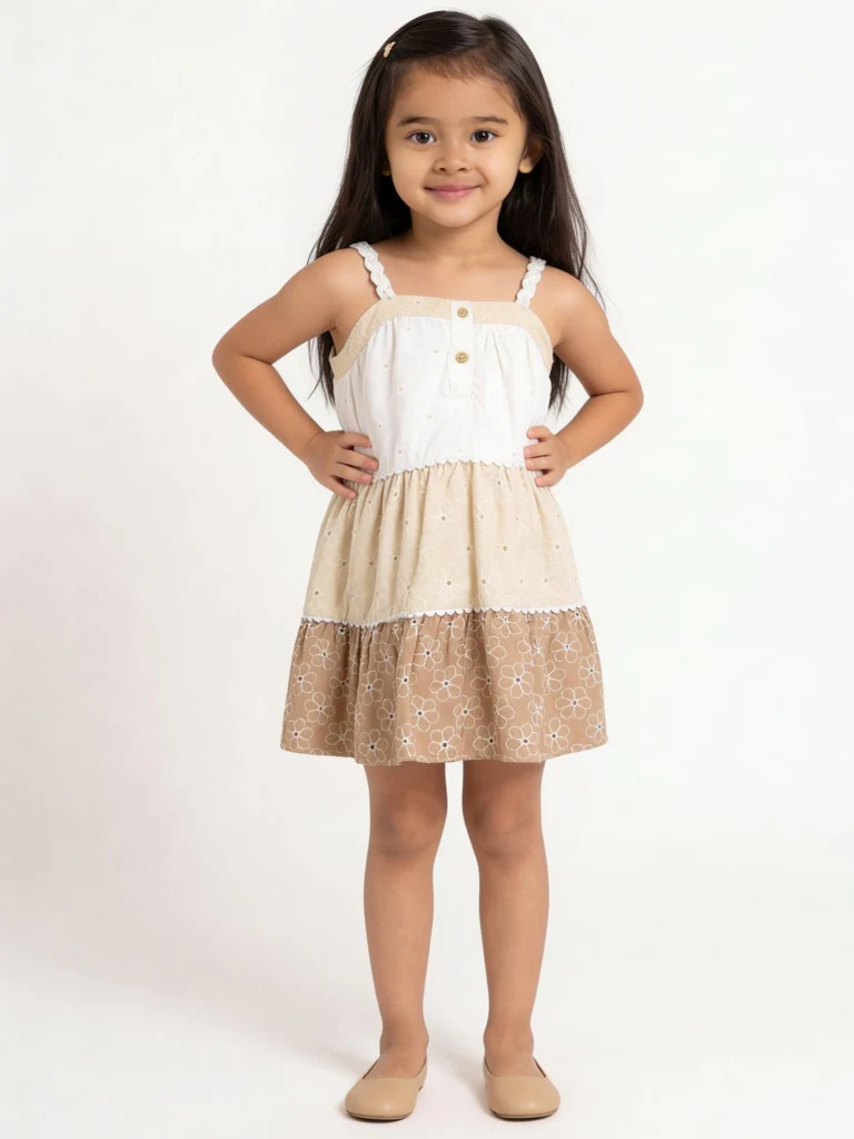 HOP Kids Girls Brown Schiffli Detailed Cotton Tiered Dress