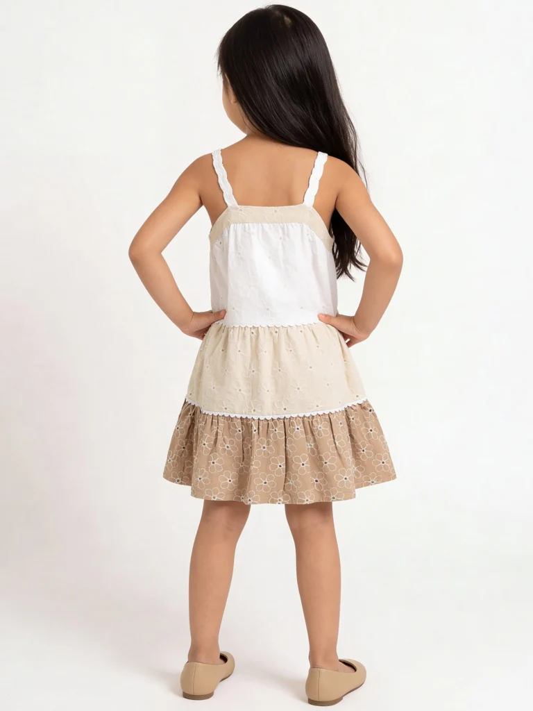 HOP Kids Girls Brown Schiffli Detailed Cotton Tiered Dress - Image 2