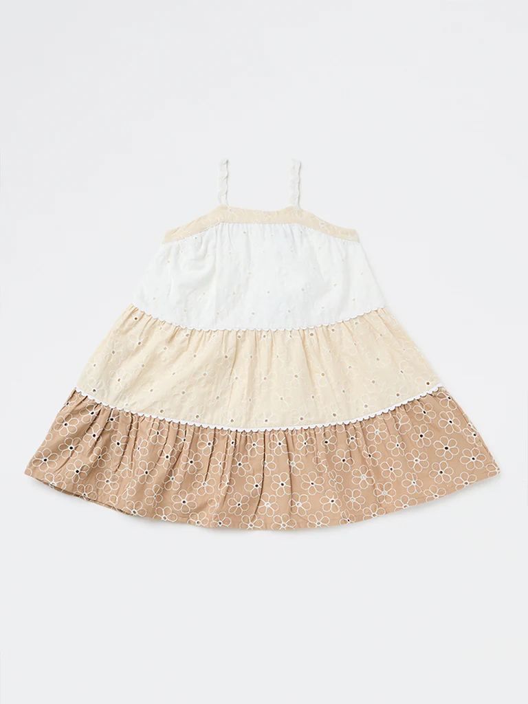 HOP Kids Girls Brown Schiffli Detailed Cotton Tiered Dress - Image 3