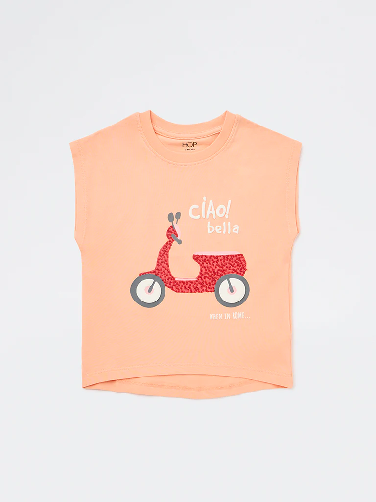 HOP Kids Girls Coral Graphic Design Cotton T-Shirt - Image 4