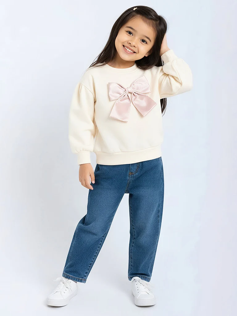 HOP Kids Girls Cream Bow-Detailed Cotton-Blend Sweatshirt