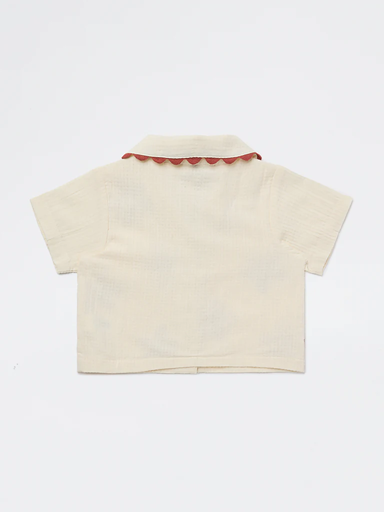 HOP Kids Girls Cream Floral Embroidered Resort-Fit Cotton Shirt - Image 4