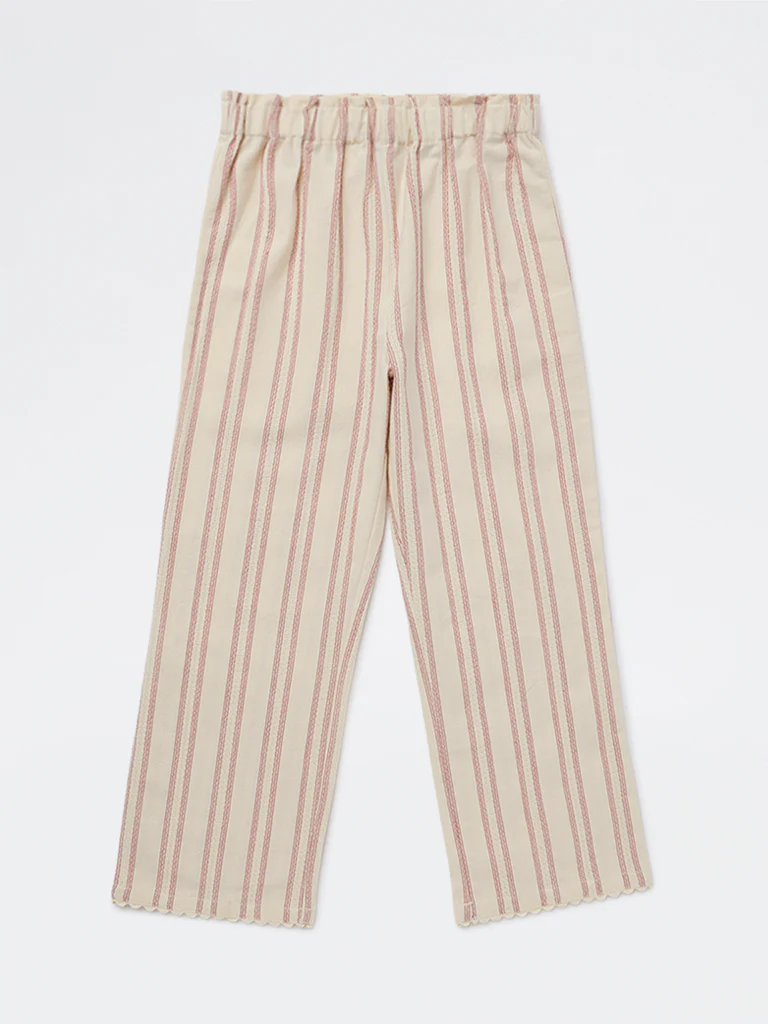 HOP Kids Girls Cream Striped High-Rise Cotton Trousers - Image 3
