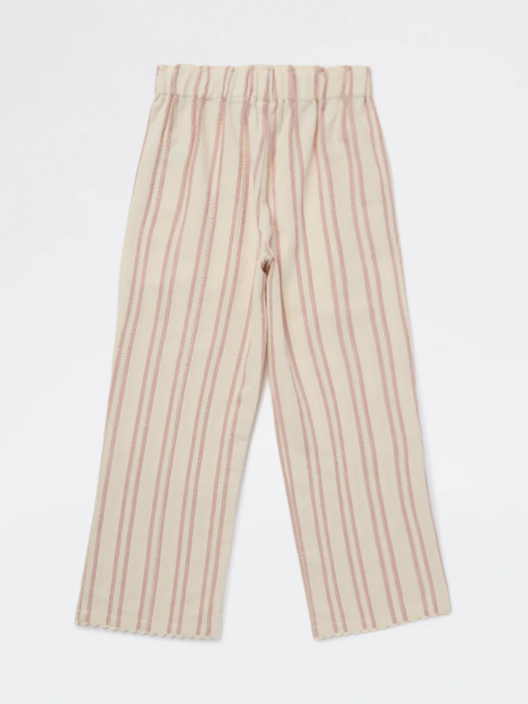 HOP Kids Girls Cream Striped High-Rise Cotton Trousers - Image 4