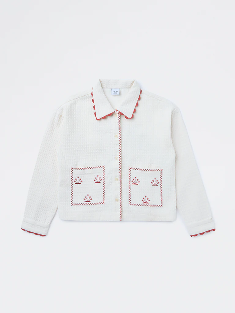 HOP Kids Girls Cream Textured Embroidered Cotton Shirt - Image 3