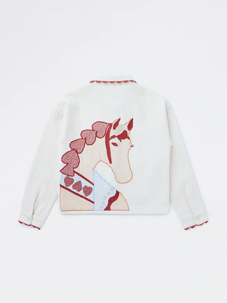 HOP Kids Girls Cream Textured Embroidered Cotton Shirt - Image 4