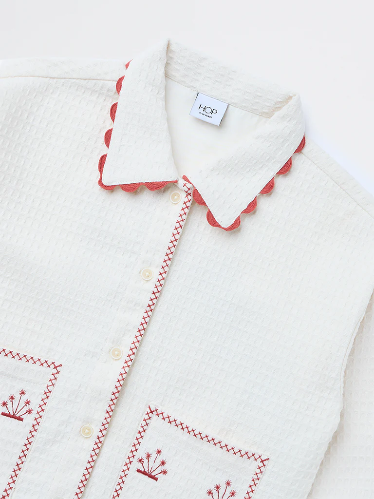 HOP Kids Girls Cream Textured Embroidered Cotton Shirt - Image 5