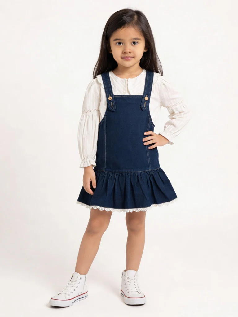 HOP Kids Girls Dark Blue Denim Pinafore and Top Set