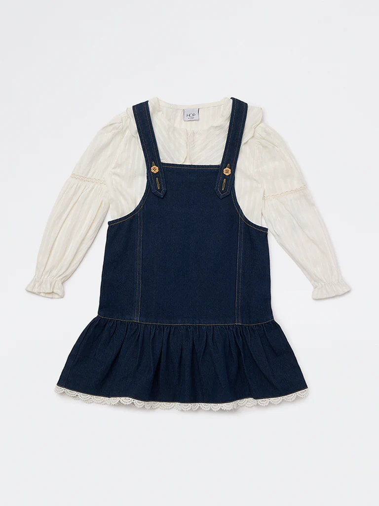 HOP Kids Girls Dark Blue Denim Pinafore and Top Set - Image 3