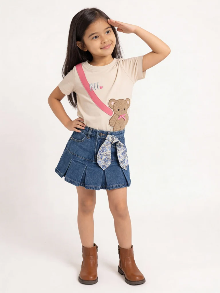 HOP Kids Girls Dark Blue Solid Mid-Rise Denim Skorts