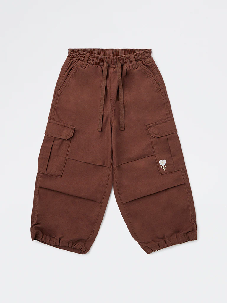 HOP Kids Girls Dark Brown Embroidered Mid-Rise Cotton Joggers - Image 4