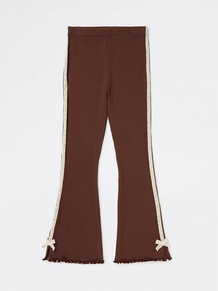 HOP Kids Girls Dark Brown High-Rise Cotton-Blend Bootcut Pants - Image 3