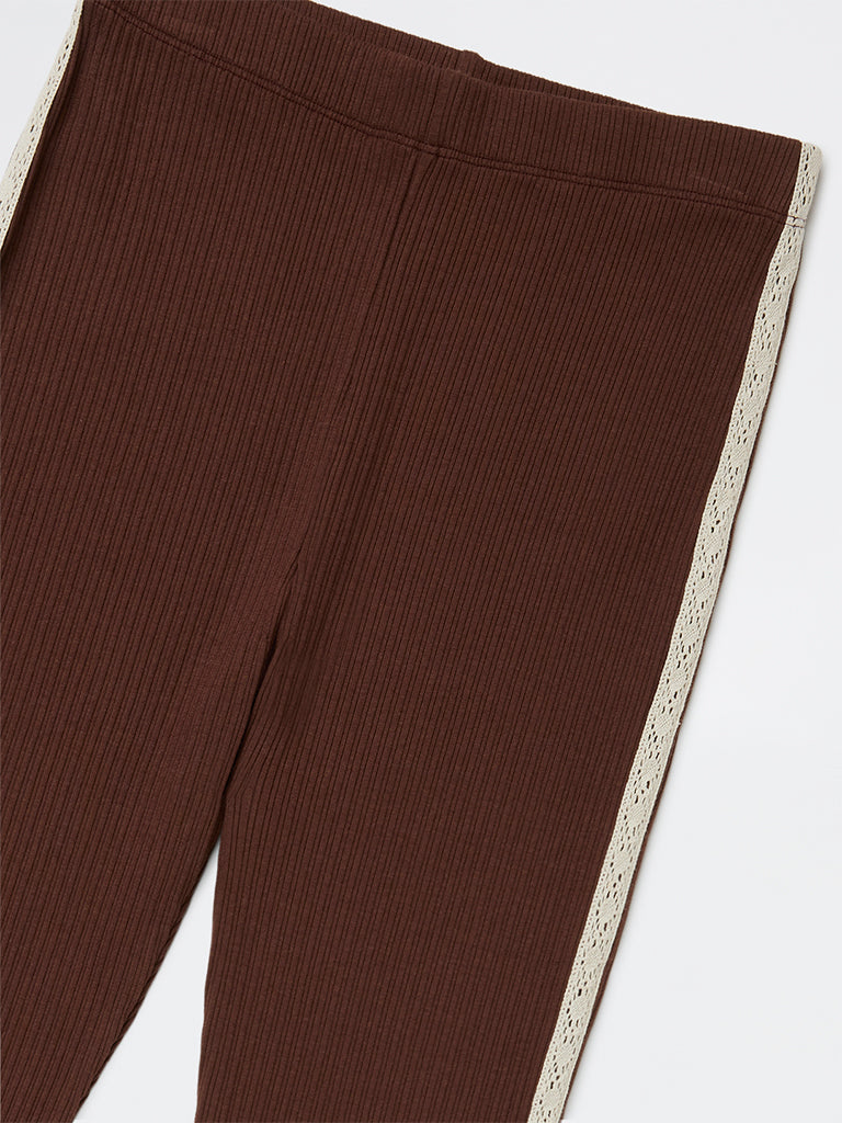 HOP Kids Girls Dark Brown High-Rise Cotton-Blend Bootcut Pants - Image 5
