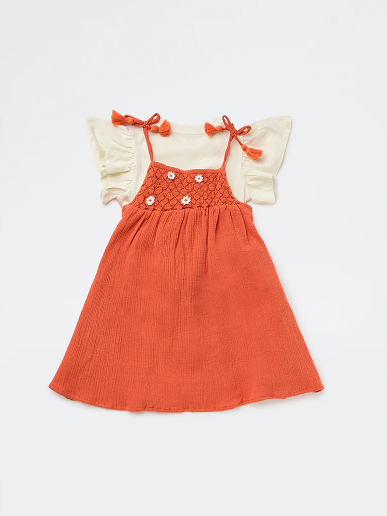 HOP Kids Girls Dusty Orange A-Line Cotton Dress and T-Shirt Set - Image 4