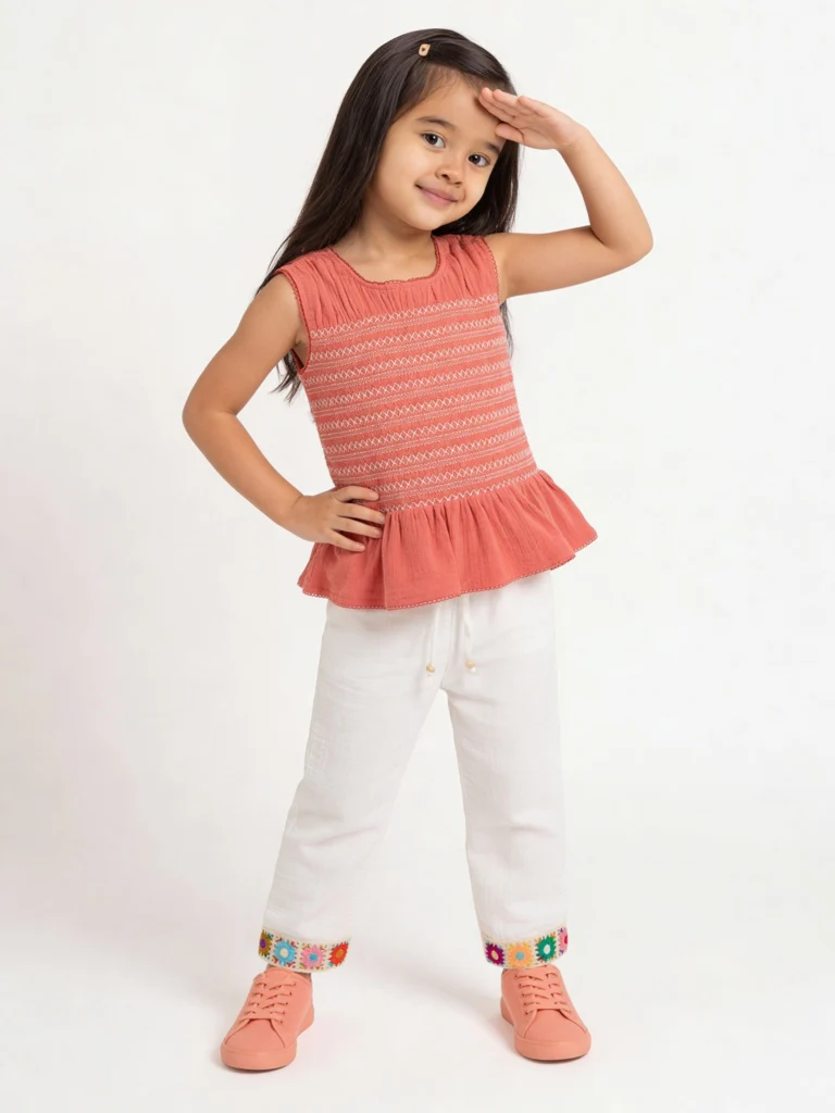 HOP Kids Girls Dusty Orange Embroidered Cotton Top