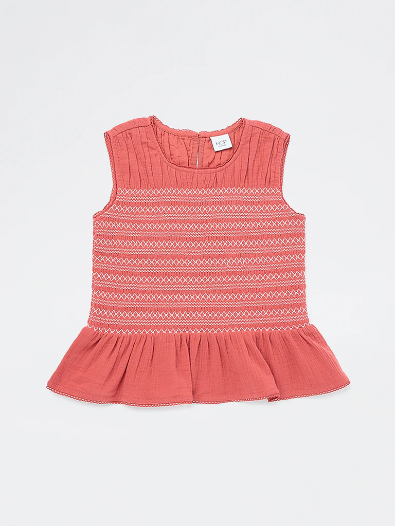 HOP Kids Girls Dusty Orange Embroidered Cotton Top - Image 3