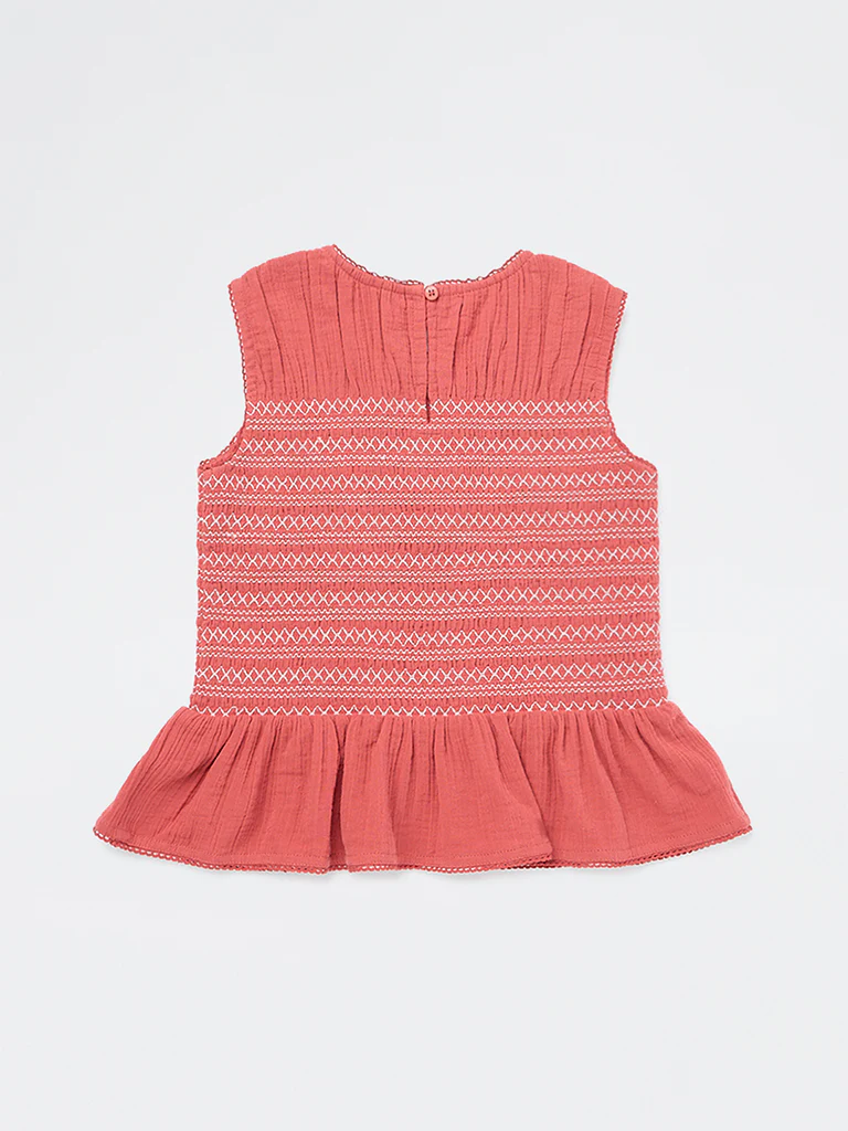 HOP Kids Girls Dusty Orange Embroidered Cotton Top - Image 4