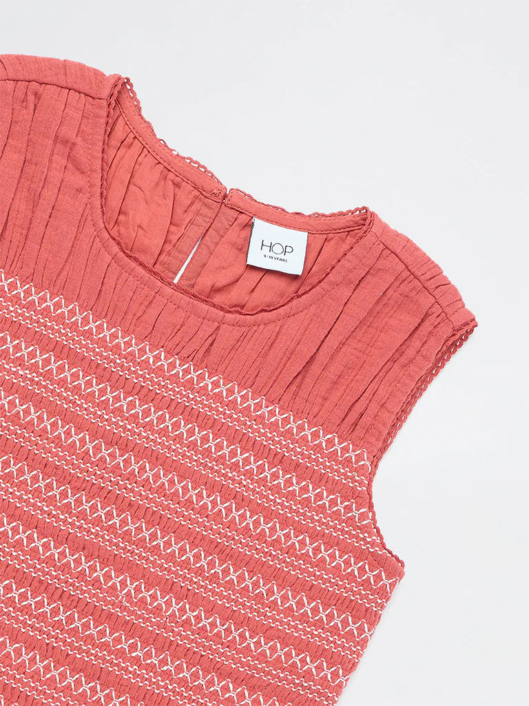 HOP Kids Girls Dusty Orange Embroidered Cotton Top - Image 5