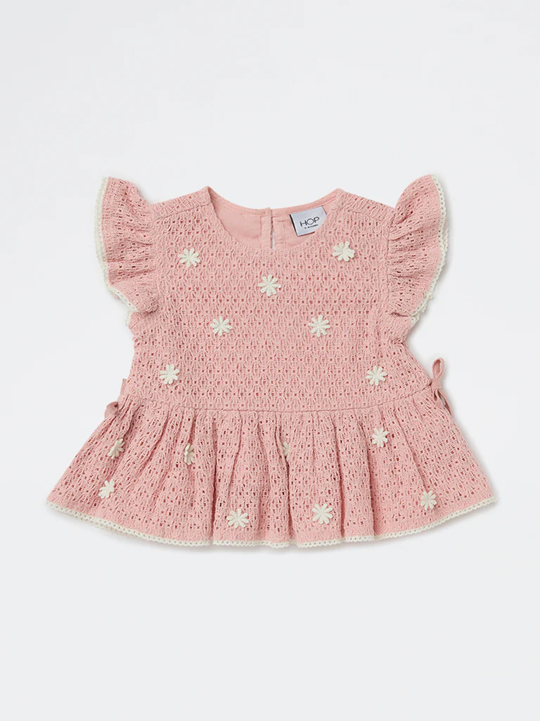 HOP Kids Girls Dusty Pink Crochet-Knit Cotton Peplum Top - Image 3