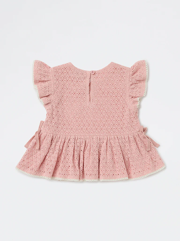 HOP Kids Girls Dusty Pink Crochet-Knit Cotton Peplum Top - Image 4