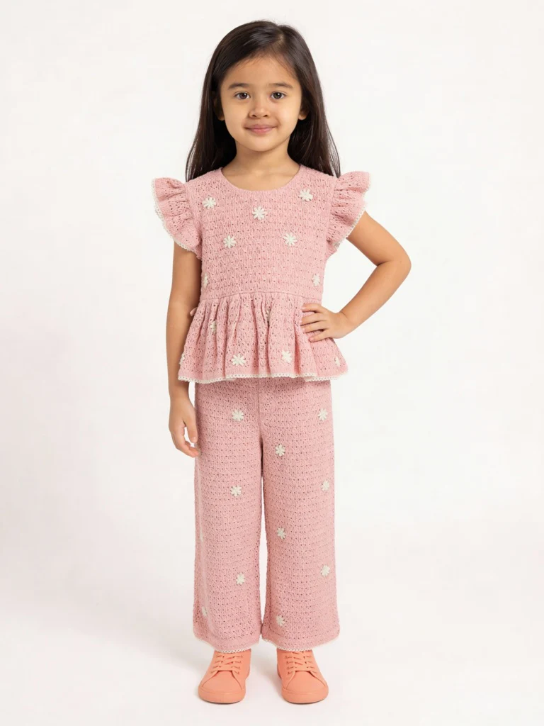 HOP Kids Girls Dusty Pink Crochet-Knit High-Rise Cotton Pants