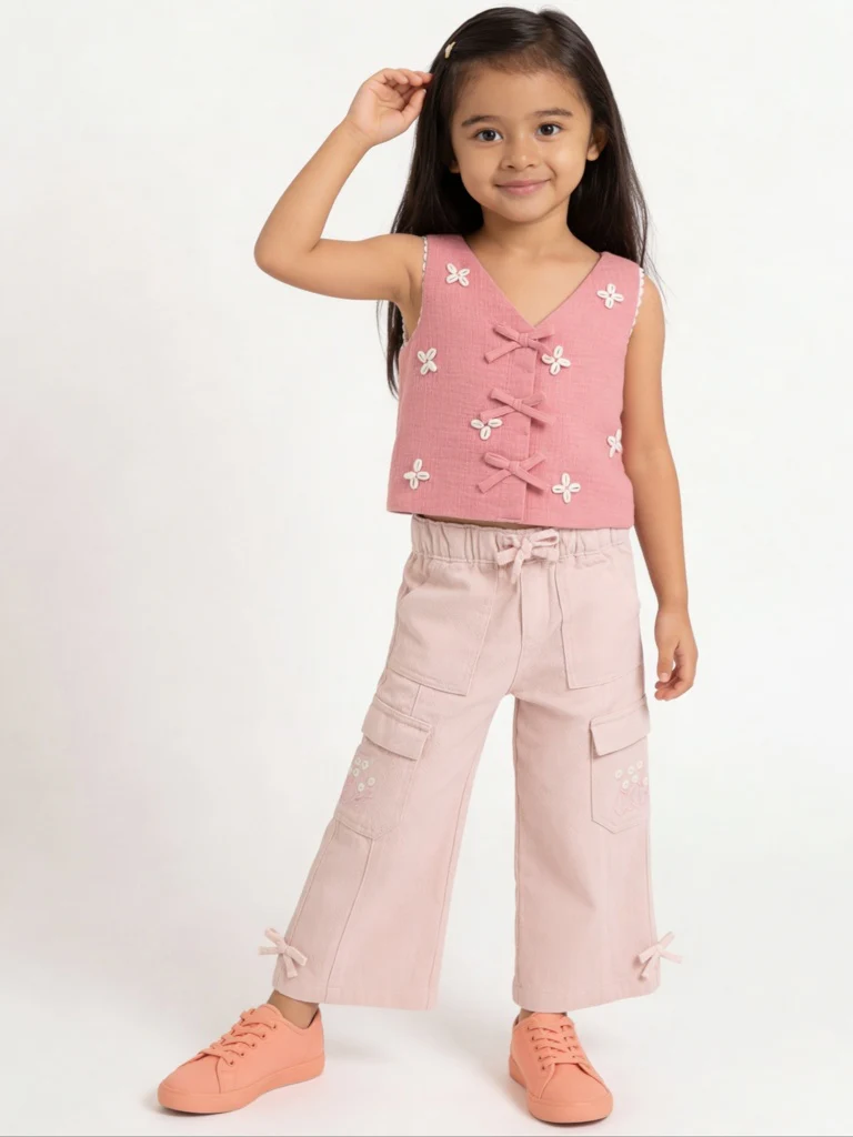 HOP Kids Girls Dusty Pink Embroidered High-Rise Cotton Trousers