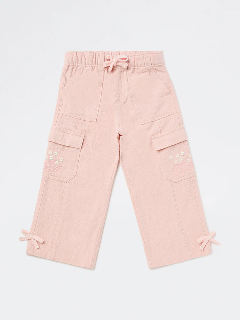 HOP Kids Girls Dusty Pink Embroidered High-Rise Cotton Trousers - Image 4