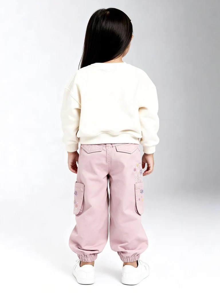 HOP Kids Girls Dusty Pink Floral Embroidered High-Rise Joggers - Image 2