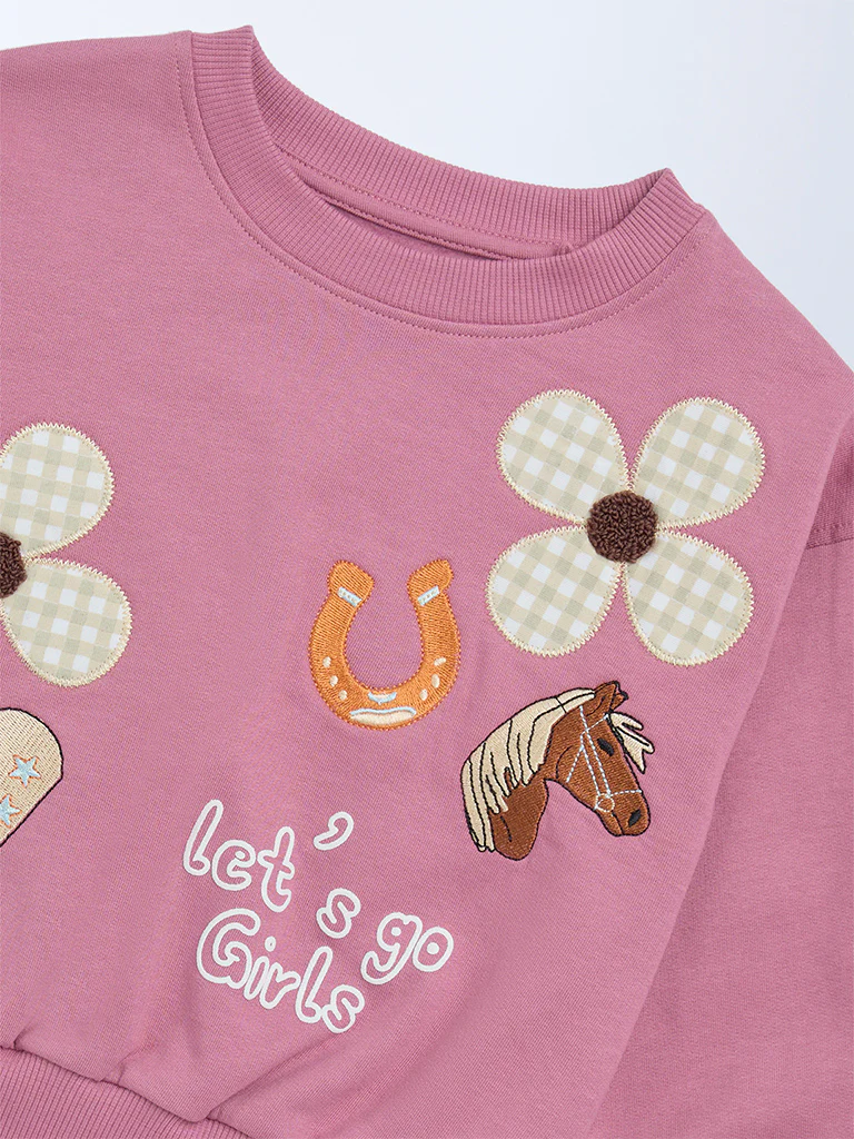 HOP Kids Girls Dusty Rose Embroidered Cotton-Blend Sweatshirt - Image 5