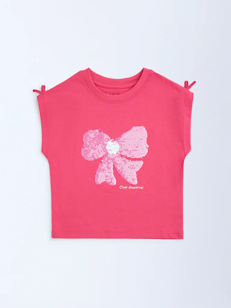 HOP Kids Girls Fuchsia Sequin Detailed Cotton Top - Image 4