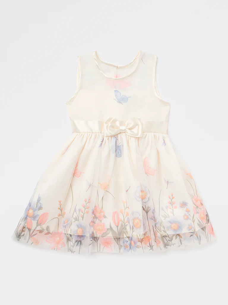 HOP Kids Girls Ivory Floral Printed A-Line Dress - Image 3