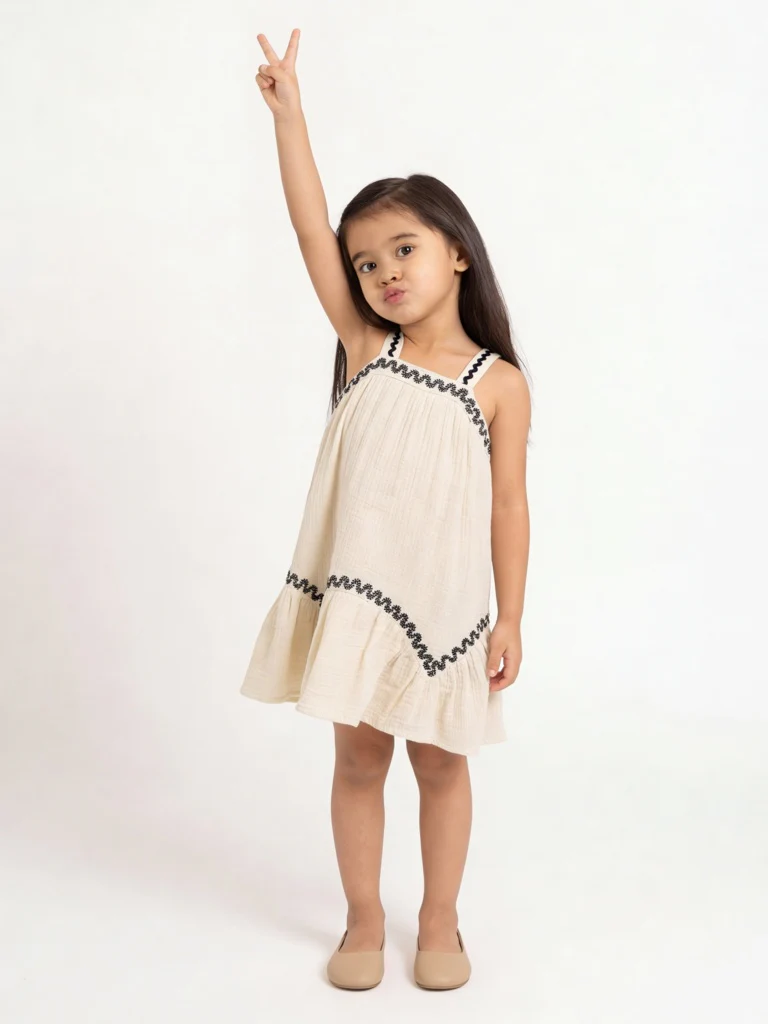 HOP Kids Girls Light Beige Embroidered A-Line Cotton Dress