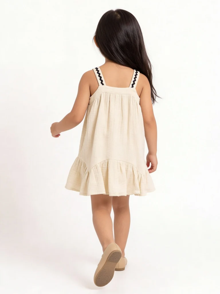 HOP Kids Girls Light Beige Embroidered A-Line Cotton Dress - Image 2