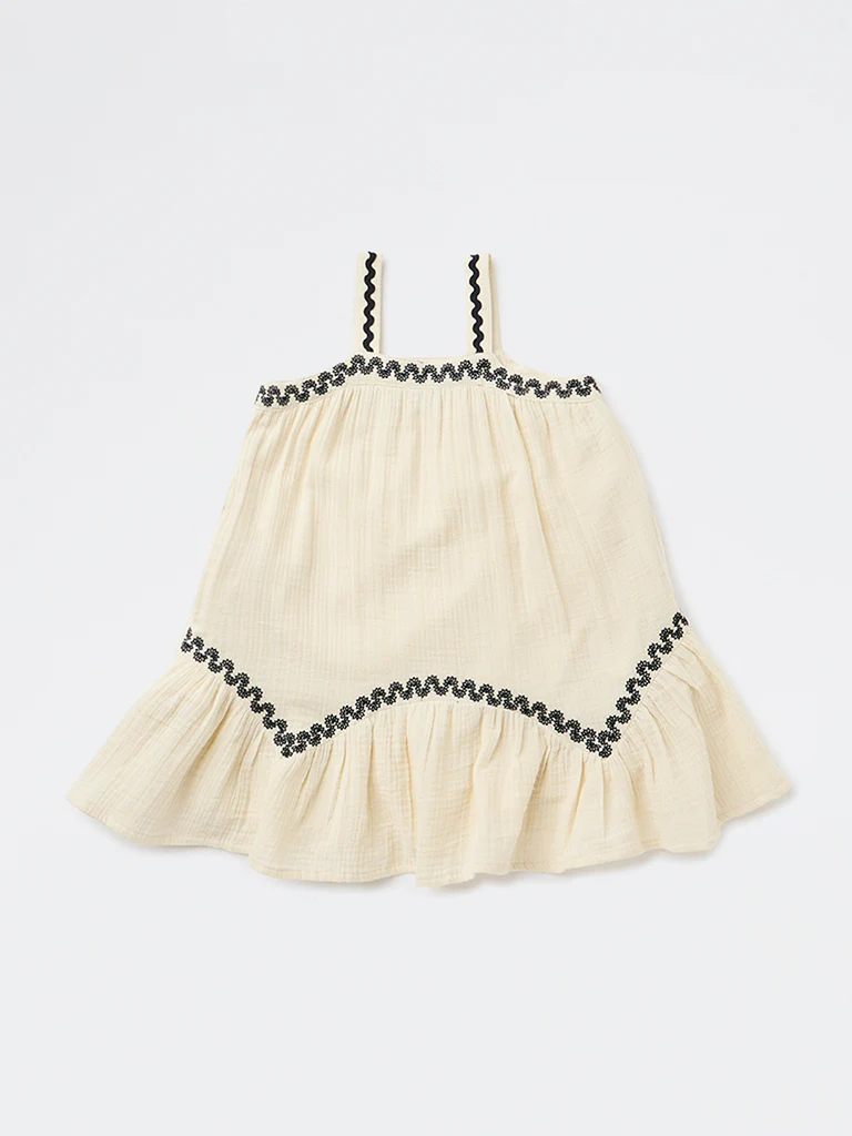 HOP Kids Girls Light Beige Embroidered A-Line Cotton Dress - Image 3