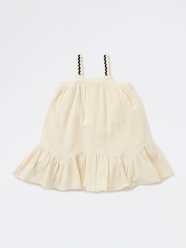 HOP Kids Girls Light Beige Embroidered A-Line Cotton Dress - Image 4