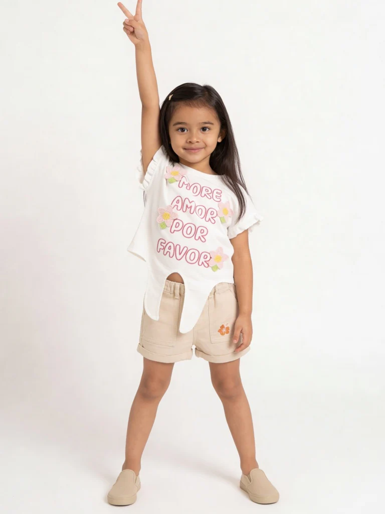 HOP Kids Girls Light Beige Embroidered High-Rise Denim Shorts