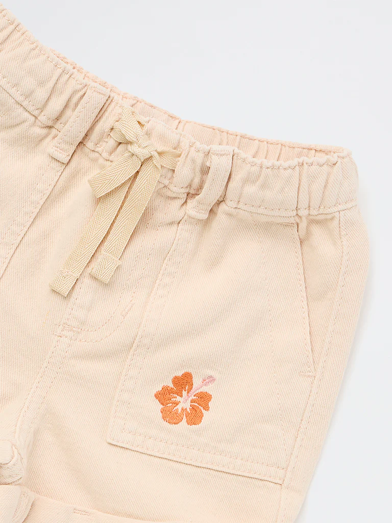 HOP Kids Girls Light Beige Embroidered High-Rise Denim Shorts - Image 5