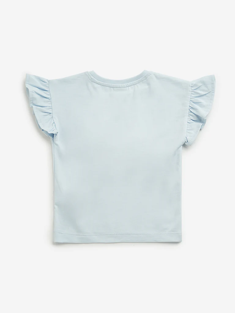 HOP Kids Girls Light Blue Bird Printed Cotton Top - Image 3