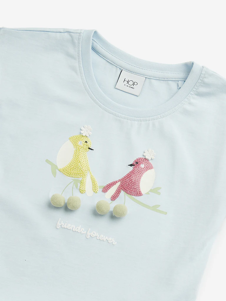 HOP Kids Girls Light Blue Bird Printed Cotton Top - Image 4