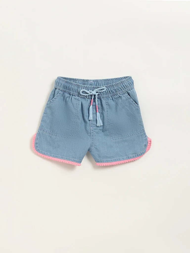 HOP Kids Girls Light Blue Chambray Mid Rise Cotton Shorts