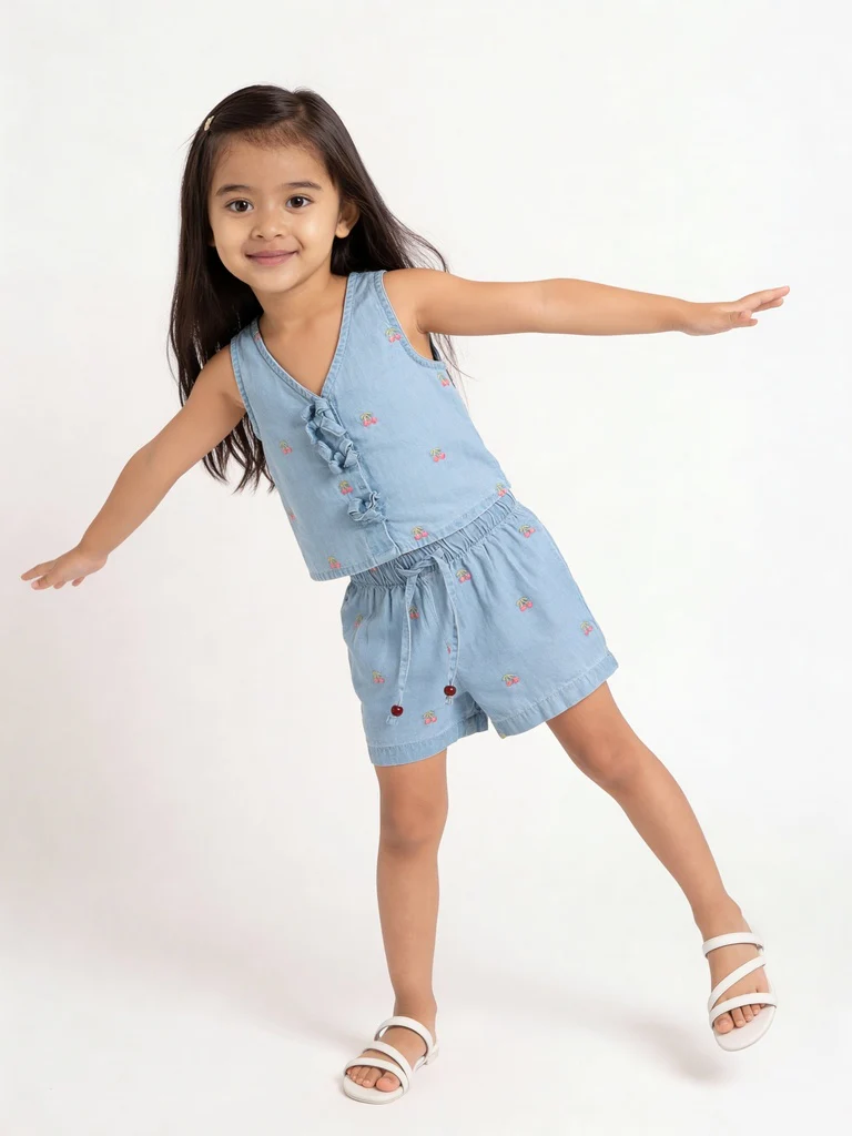 HOP Kids Girls Light Blue Embroidered Denim Top and Shorts Set
