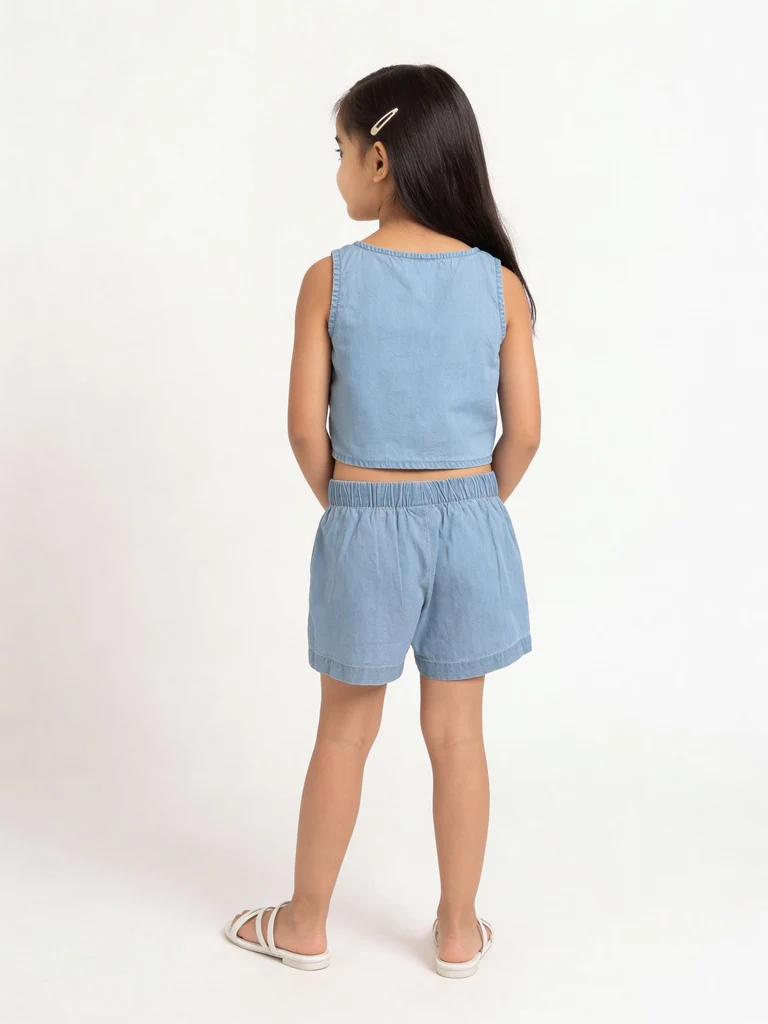 HOP Kids Girls Light Blue Embroidered Denim Top and Shorts Set - Image 2