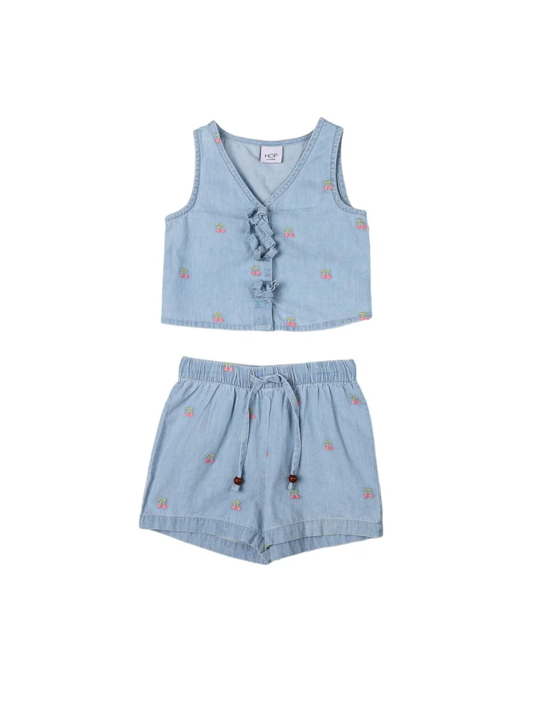 HOP Kids Girls Light Blue Embroidered Denim Top and Shorts Set - Image 3