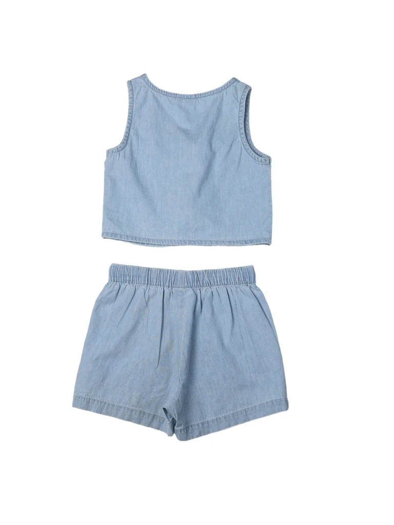 HOP Kids Girls Light Blue Embroidered Denim Top and Shorts Set - Image 4