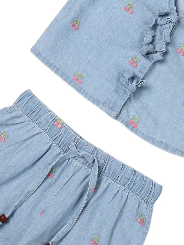 HOP Kids Girls Light Blue Embroidered Denim Top and Shorts Set - Image 5