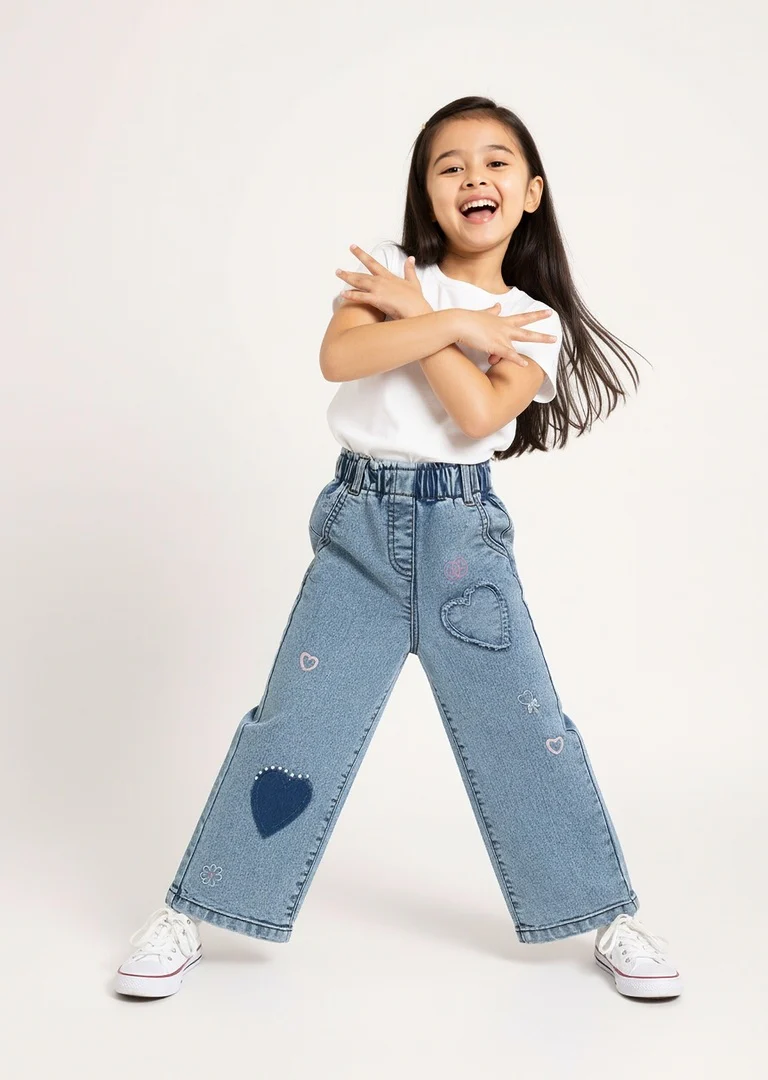 HOP Kids Girls Light Blue Faded Wide-Leg Mid-Rise Jeans